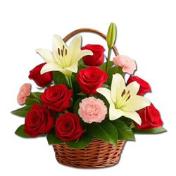Red Roses with Pink Carnations Flower Basket